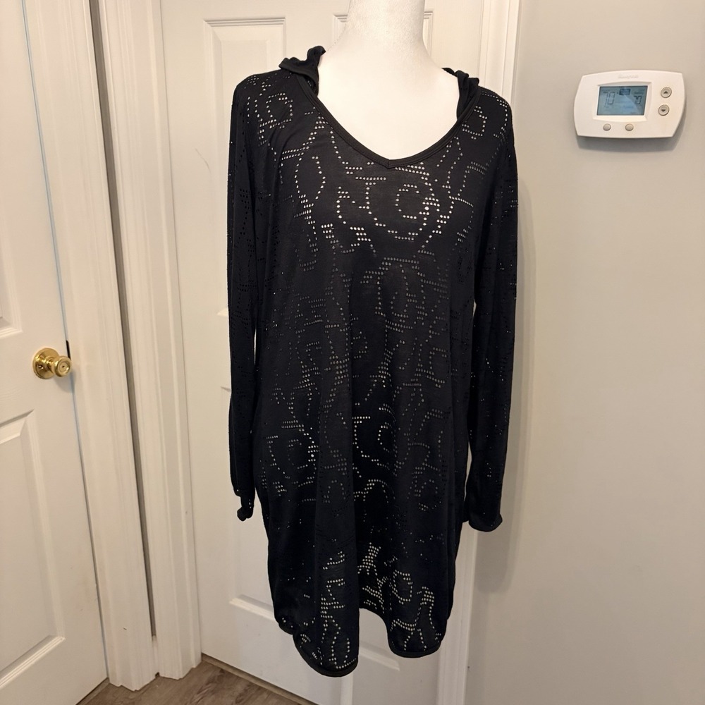 CALIA Balance Black Perforated Hooded Swim Dress Tunic Cover Up L‎ Sporty Beach